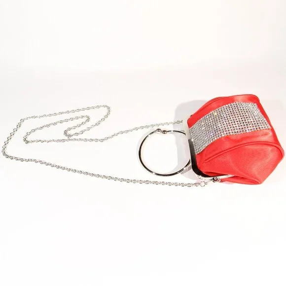 Red Evening Clutch with a Rhinestone Stripe and a Silver-Tone Metal Handle - Picture 6 of 9